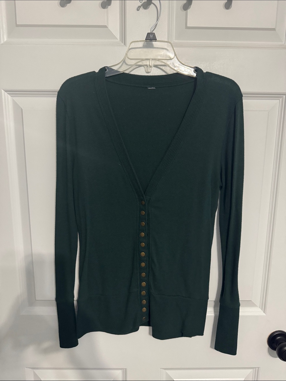 Trio of Women's V-Neck Button Cardigan Sweaters- Green, Plum, Orange - Picture 2 of 7